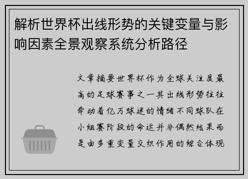解析世界杯出线形势的关键变量与影响因素全景观察系统分析路径